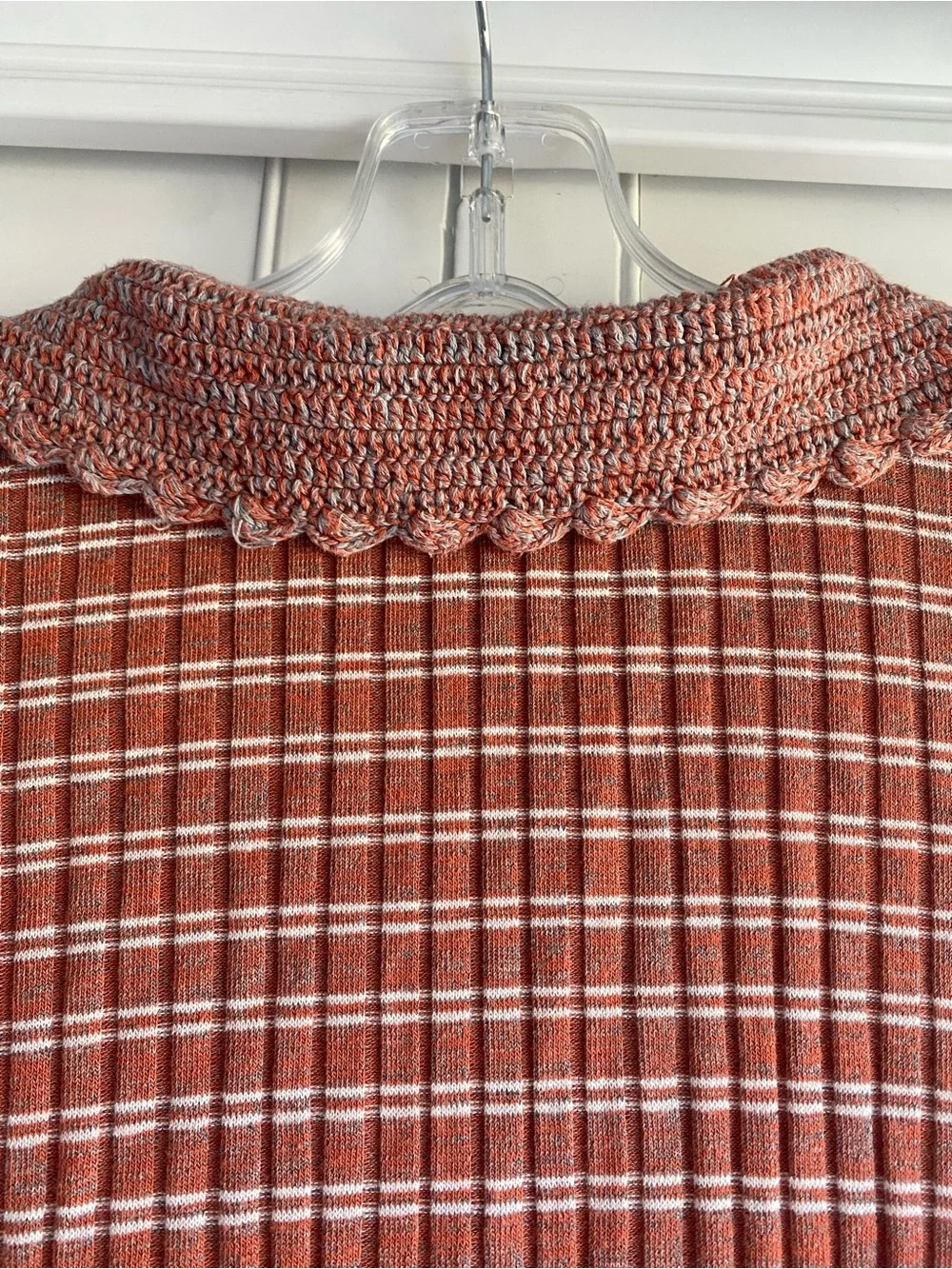 Free People Ribbed Knit Henley Top Crochet Collar Rust Stripe Size Large